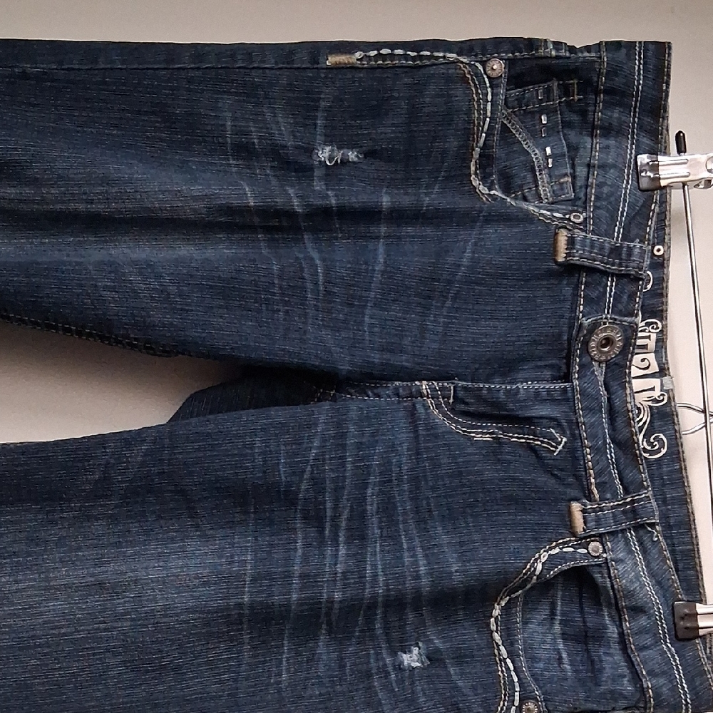 H2J Dark Denim Distressed Jeans, Small Style holes, Size 9, 32 Inch low Waist